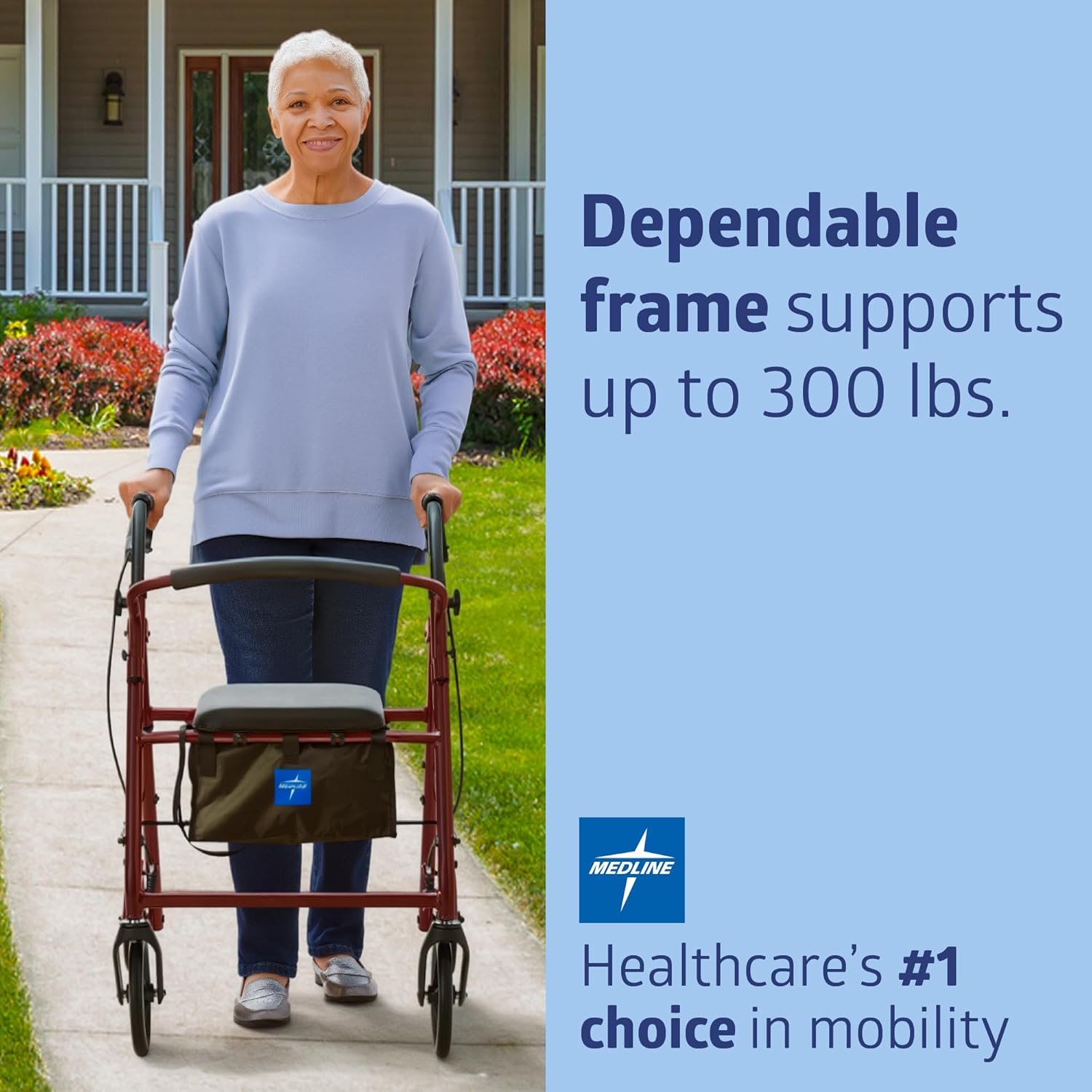Medline Mobility Dependable Steel Rollator Walker, 300 lb Capacity, Adjustable Handle

