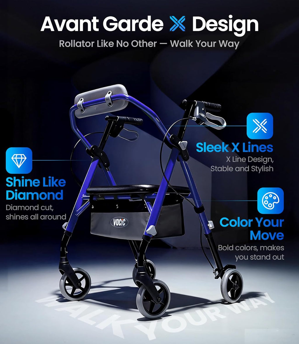 VOCIC Z11 Rollator Walker with Seat, Max 380 lb, Foldable All-Terrain

