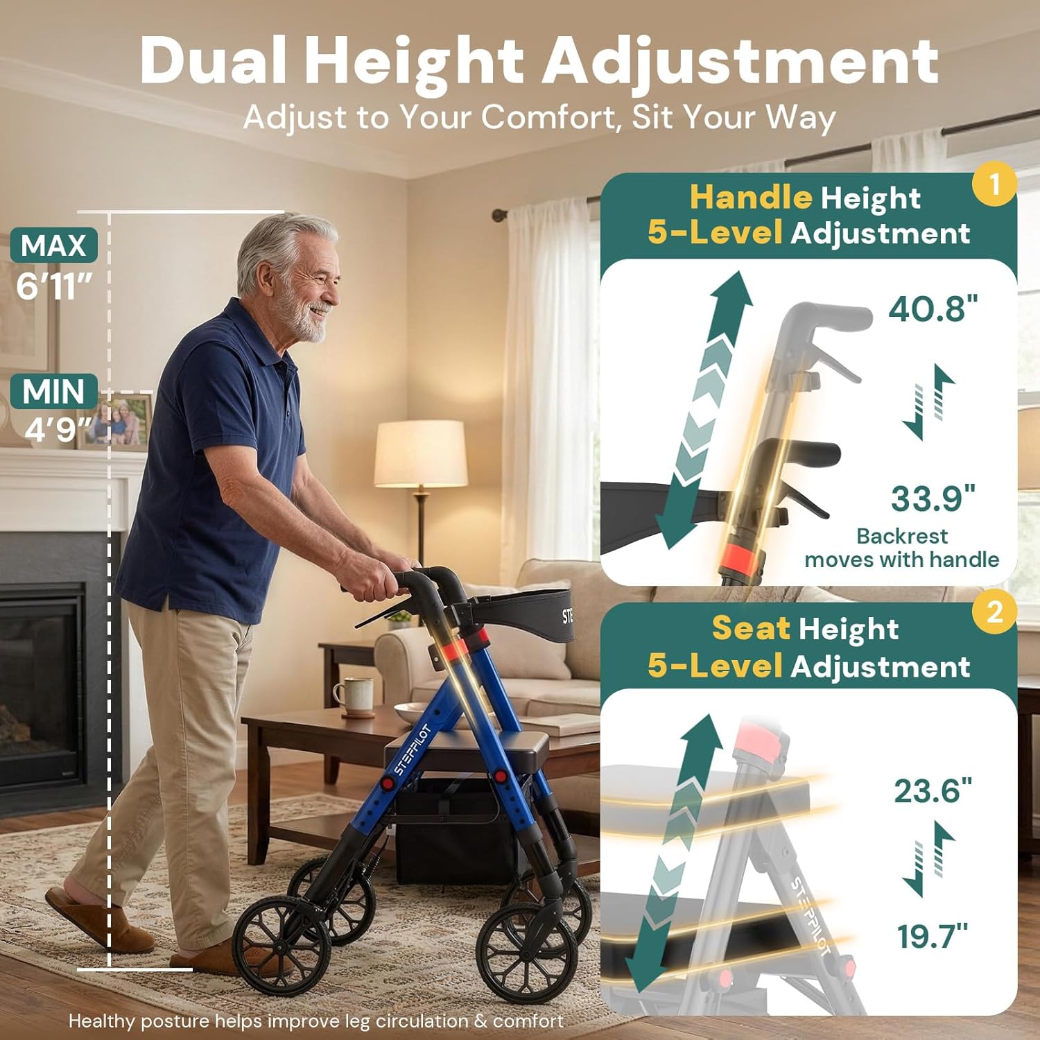 Bariatric Rollator Walker with Seat, 500 lb Aluminum Frame, 8 in All-Terrain Wheels

