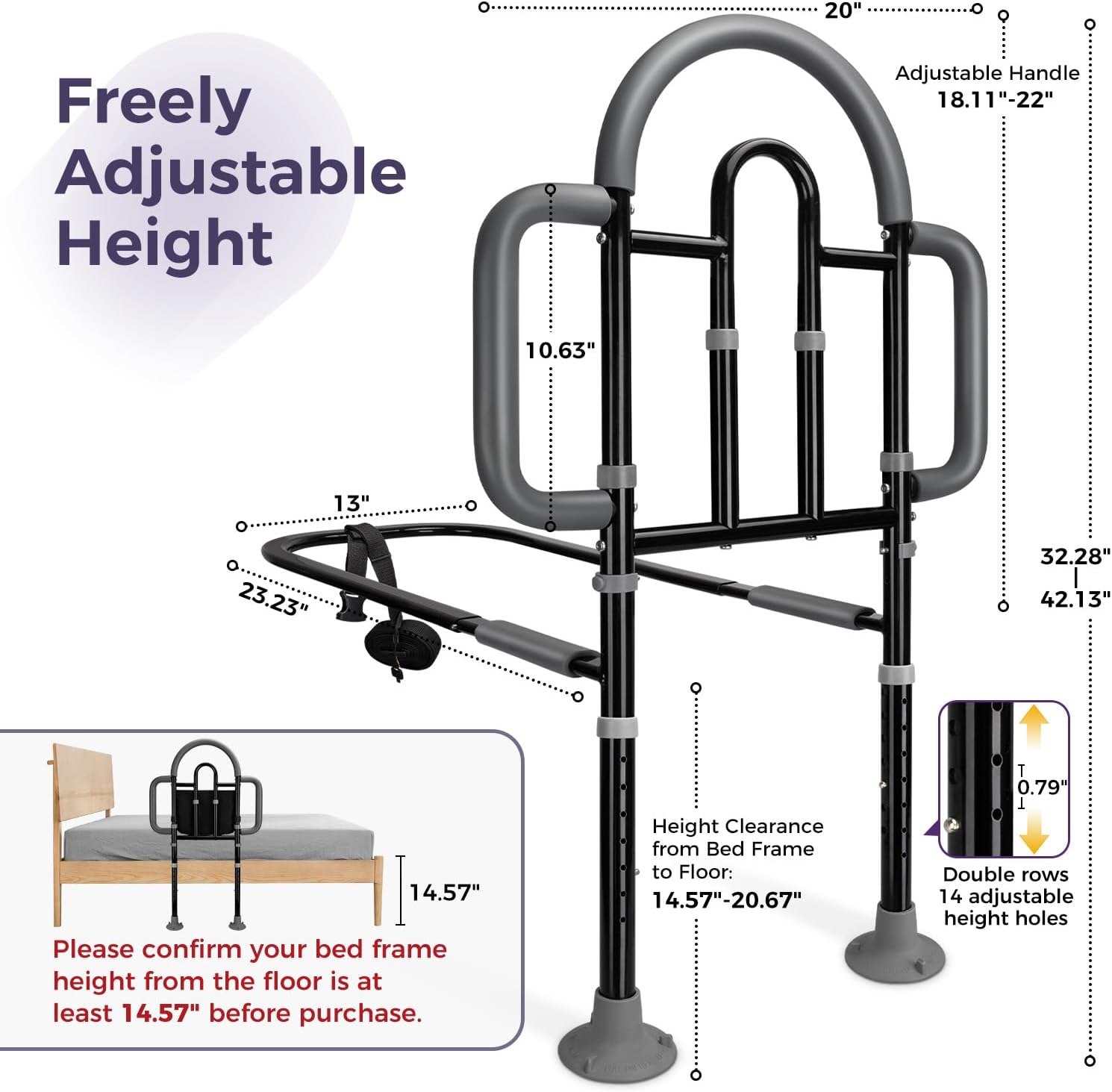 Adjustable Bed Assist Rail for Seniors, Portable Bedside Safety Rail, 400 lb

