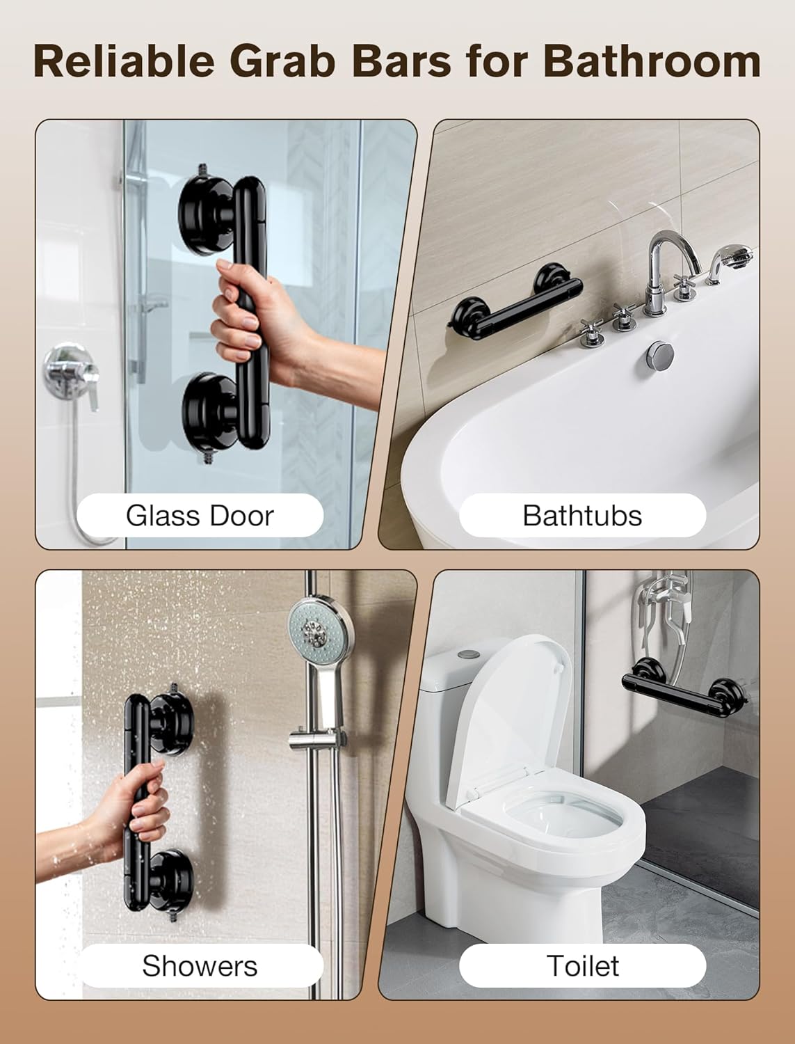 Coneclat Suction Cup Grab Bar for Shower and Bathtub, No-Drill, 350 lb

