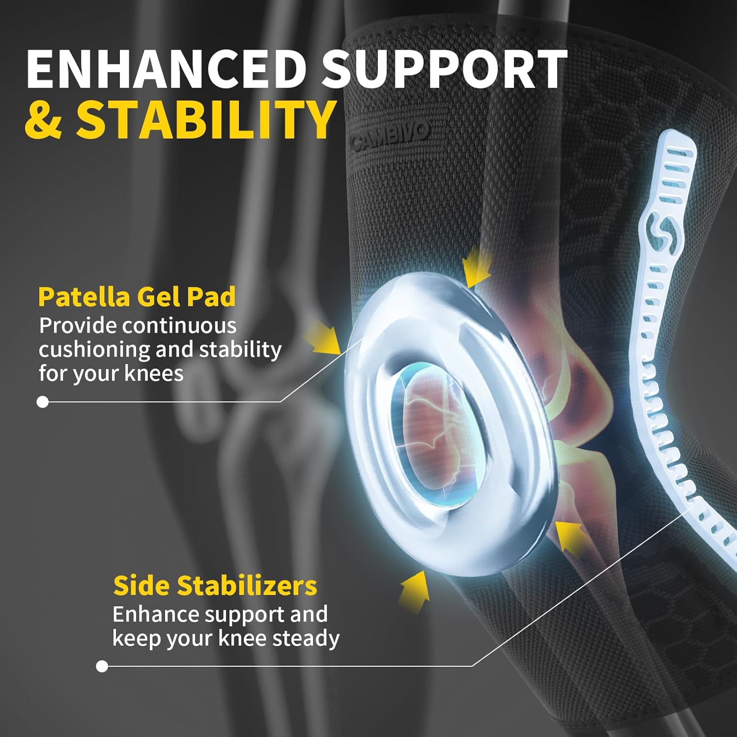 CAMBIVO Knee Brace Knee Sleeves with Patella Gel Pad and Side Stabilizers, 2-Pack

