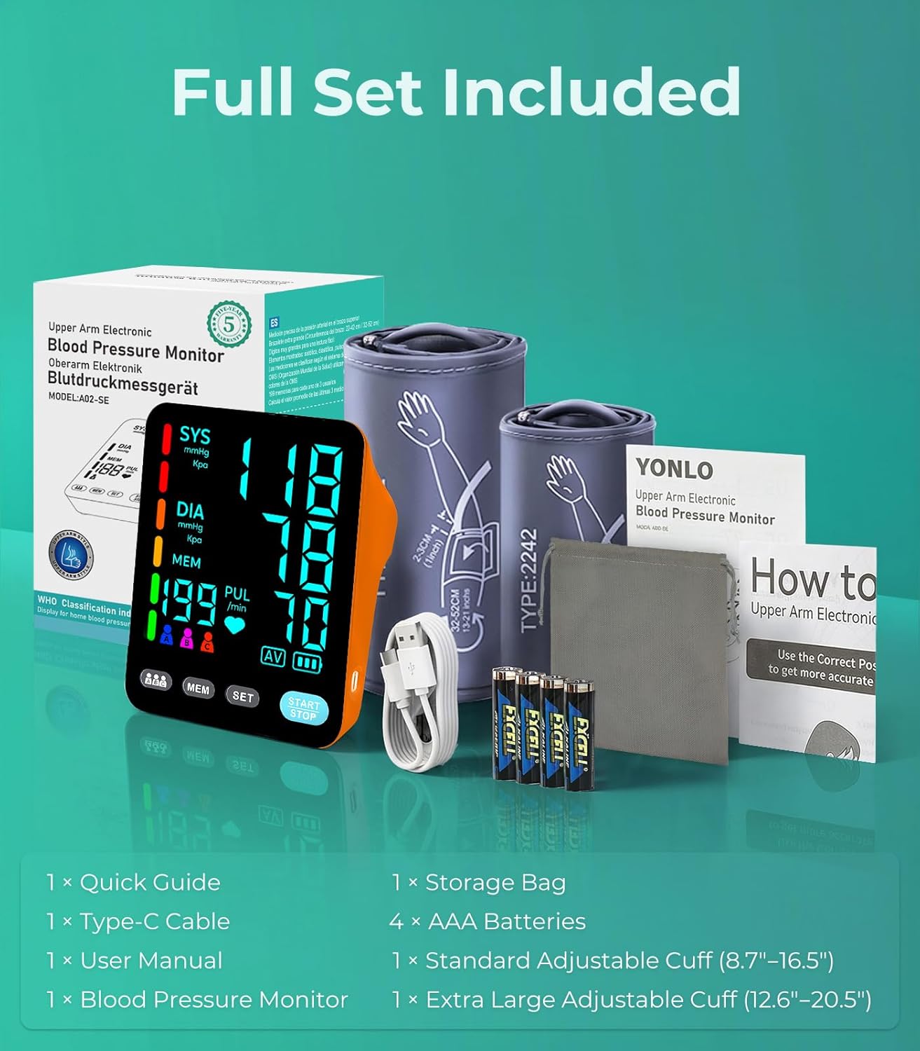 YONLO Automatic Upper Arm Blood Pressure Monitor with Dual Cuff Backlit Display

