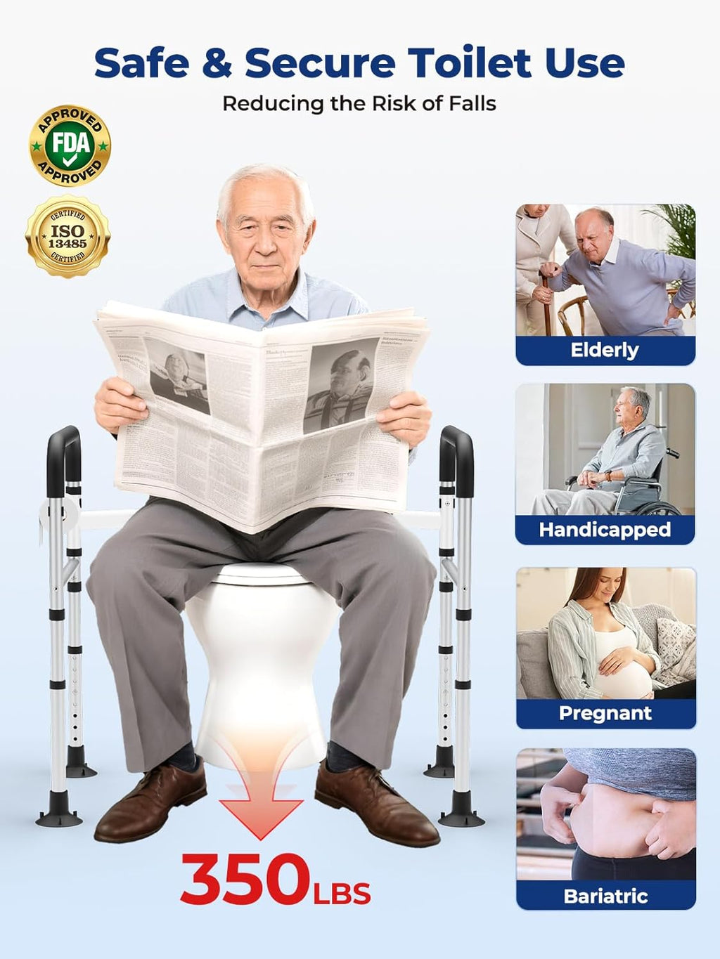 WHLICKS Adjustable Toilet Safety Rails for Seniors, Elderly, Handicap, Foldable Frame

