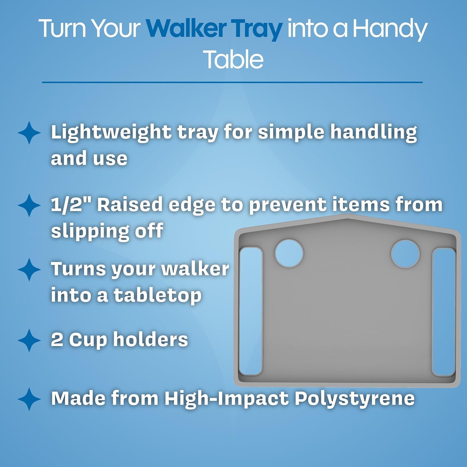 Bluestone Walker Tray Upright with Holders for Folding Walkers, Cup Holders

