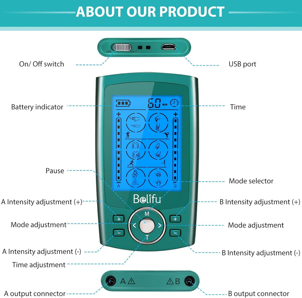 Belifu Dual Channel TENS EMS Unit Muscle Stimulator 24 Modes Electronic Pulse Massager

