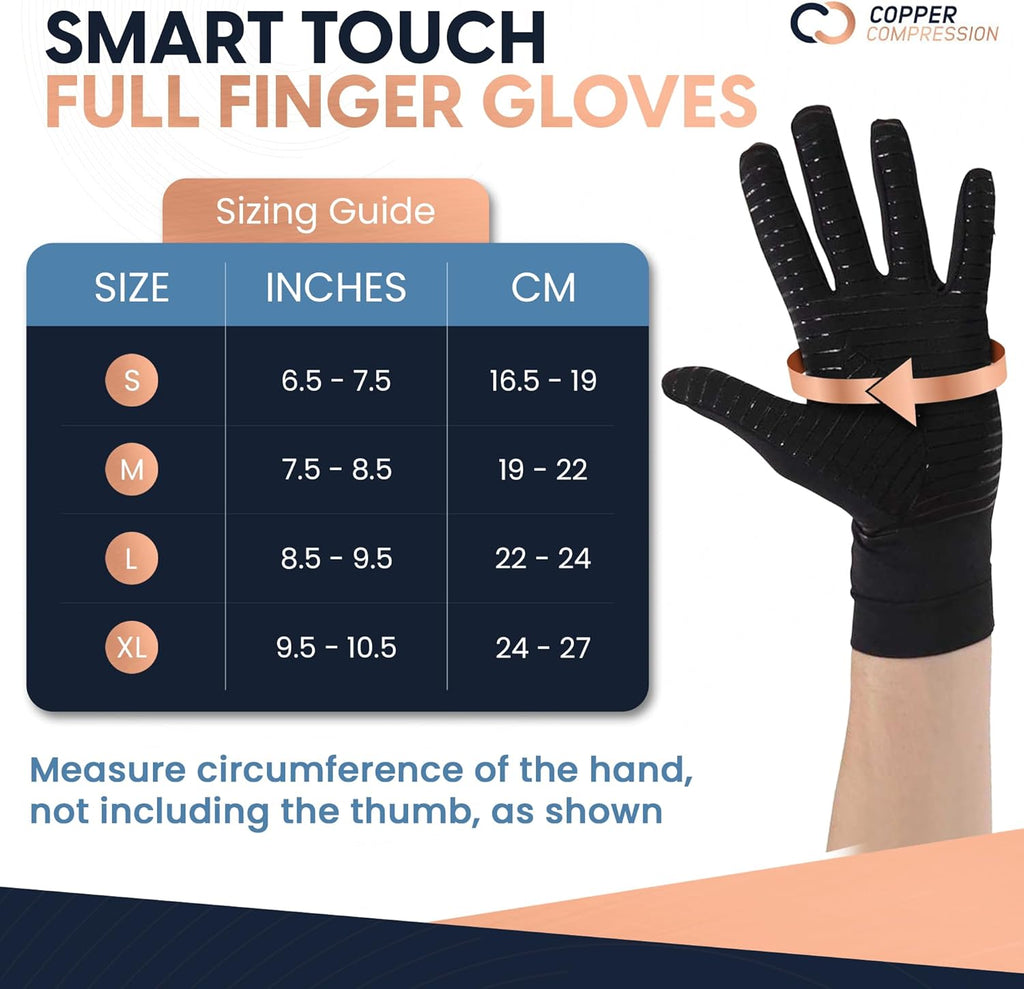 Copper Compression Arthritis Compression Full Finger Gloves with Touchscreen Fingertips

