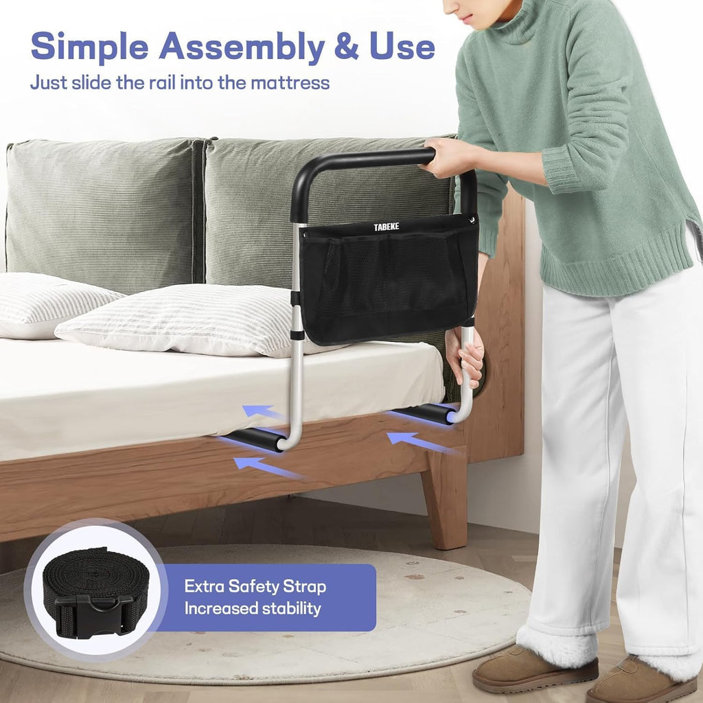TABEKE Adjustable Bed Rail for Elderly Safety with Non-Slip Handle and Storage Pockets

