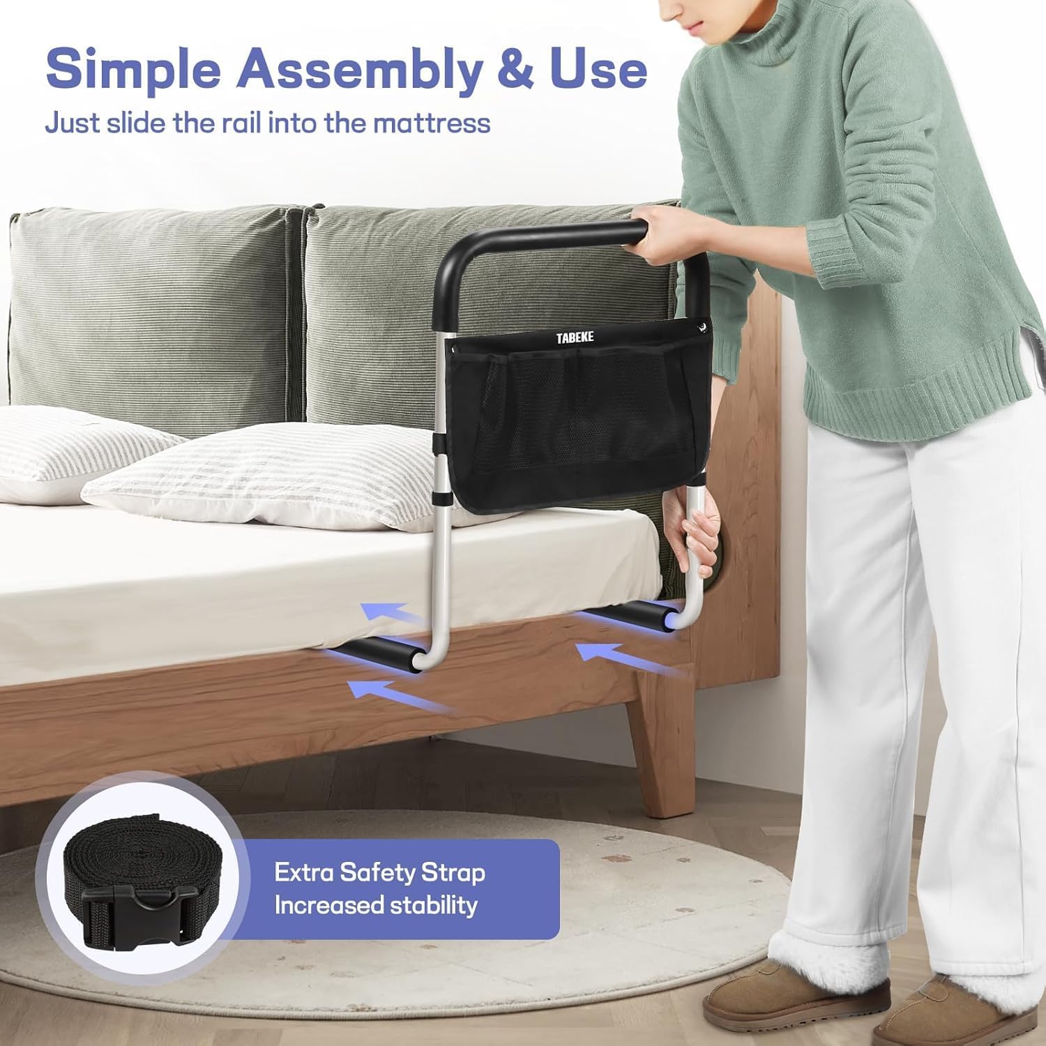 TABEKE Adjustable Bed Rail for Elderly Safety with Non-Slip Handle and Storage Pockets

