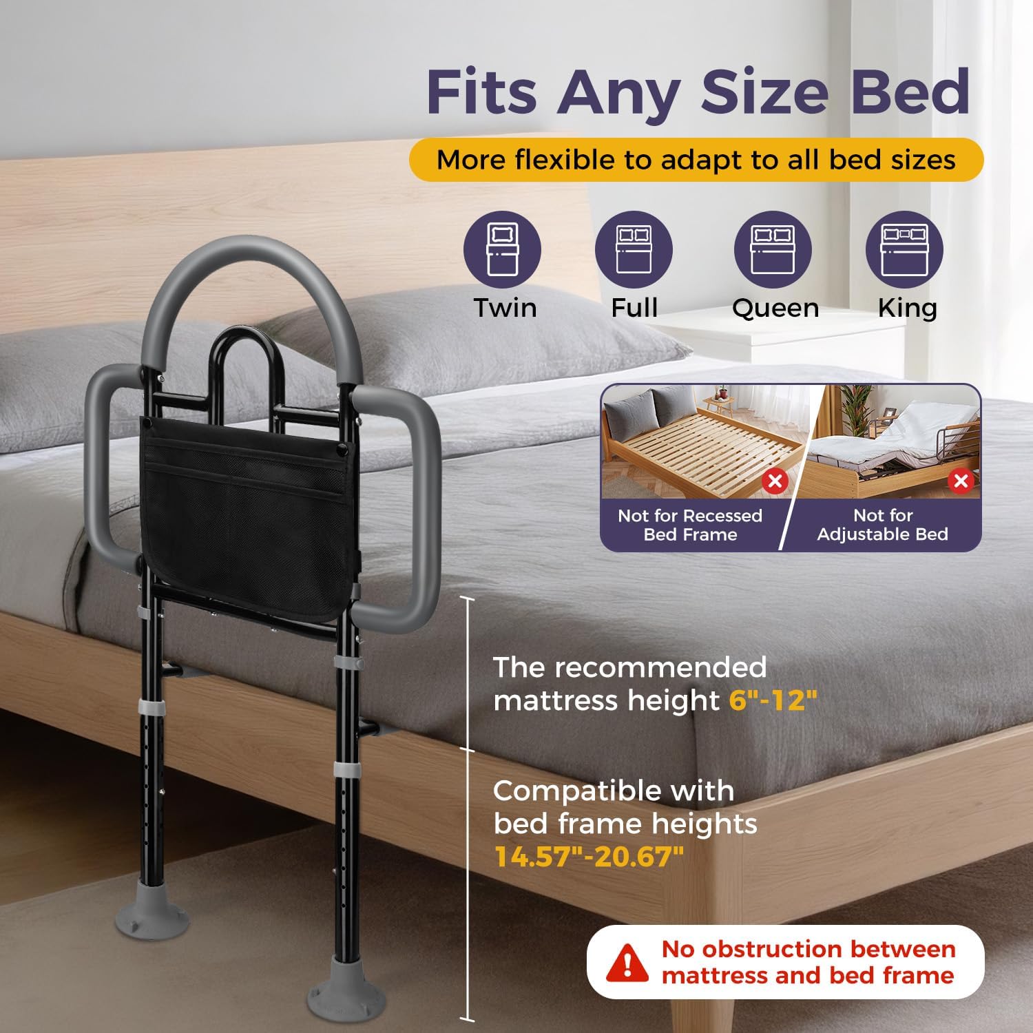 Adjustable Bed Assist Rail for Seniors, Portable Bedside Safety Rail, 400 lb

