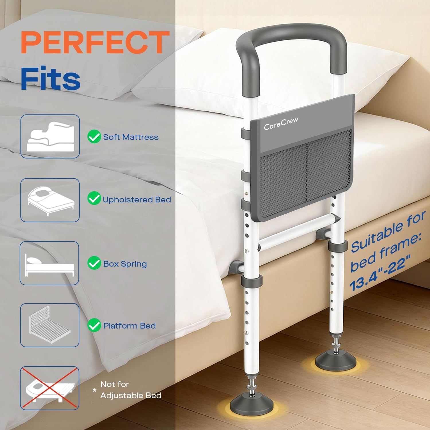 Adjustable Bed Rails for Seniors with LED Night Light and Storage Pocket, 350 lb

