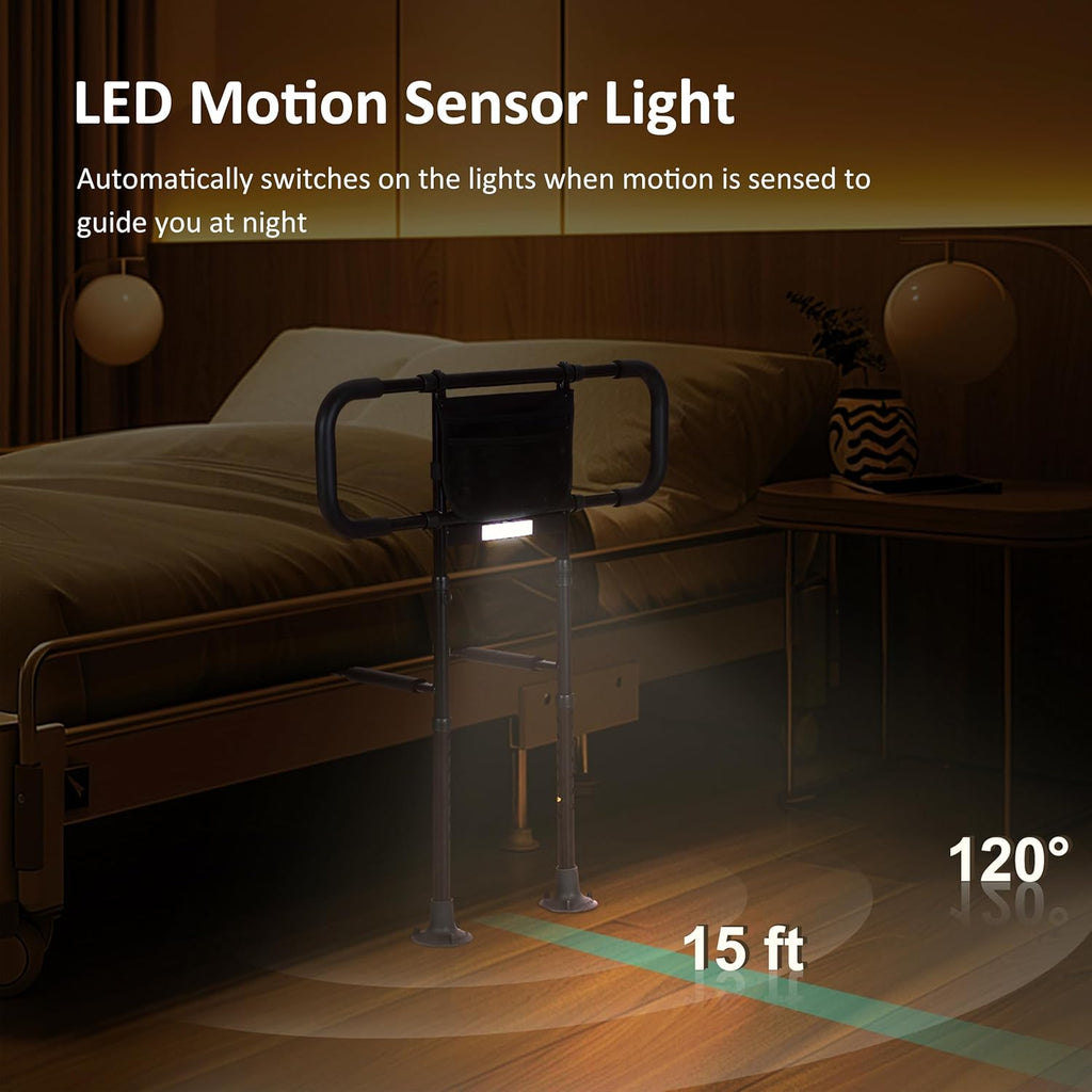 Bed Rails for Elderly Adults with Motion Sensor Light, Non-Slip Handles, Storage Bag

