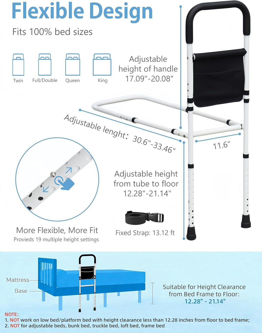 BOLESHU Adjustable Bed Assist Rail for Seniors with Support Legs and Storage Pocket

