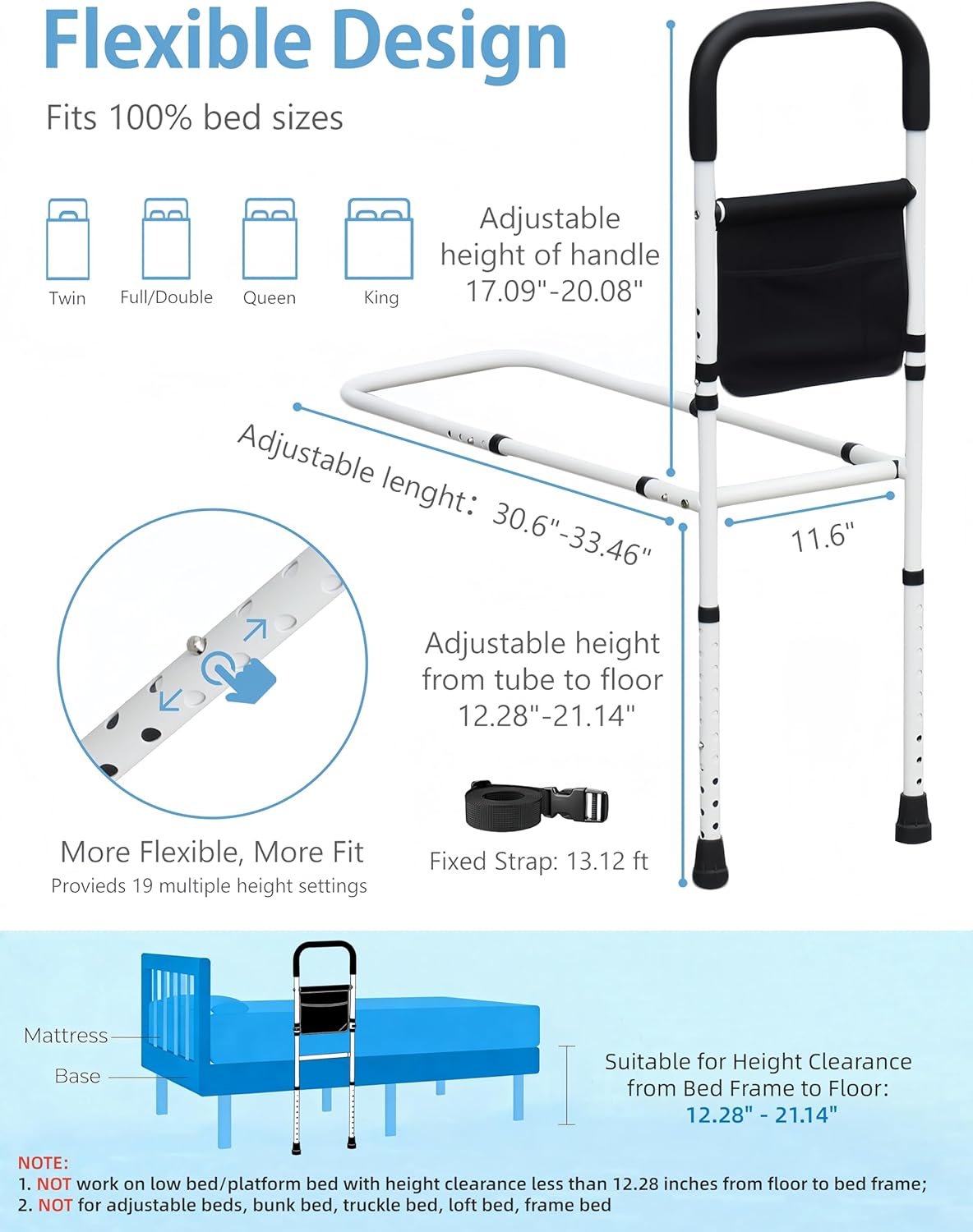 BOLESHU Adjustable Bed Assist Rail for Seniors with Support Legs and Storage Pocket

