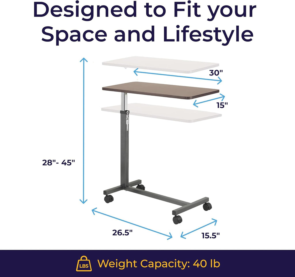 Drive Medical Non-Tilt Overbed Table with Wheels, Height-Adjustable Laminate Top

