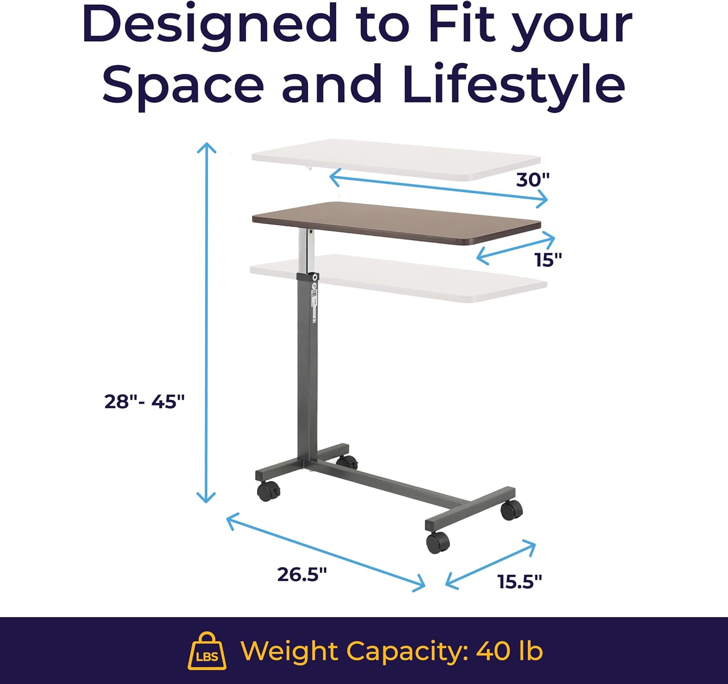 Drive Medical Non-Tilt Overbed Table with Wheels, Height-Adjustable Laminate Top

