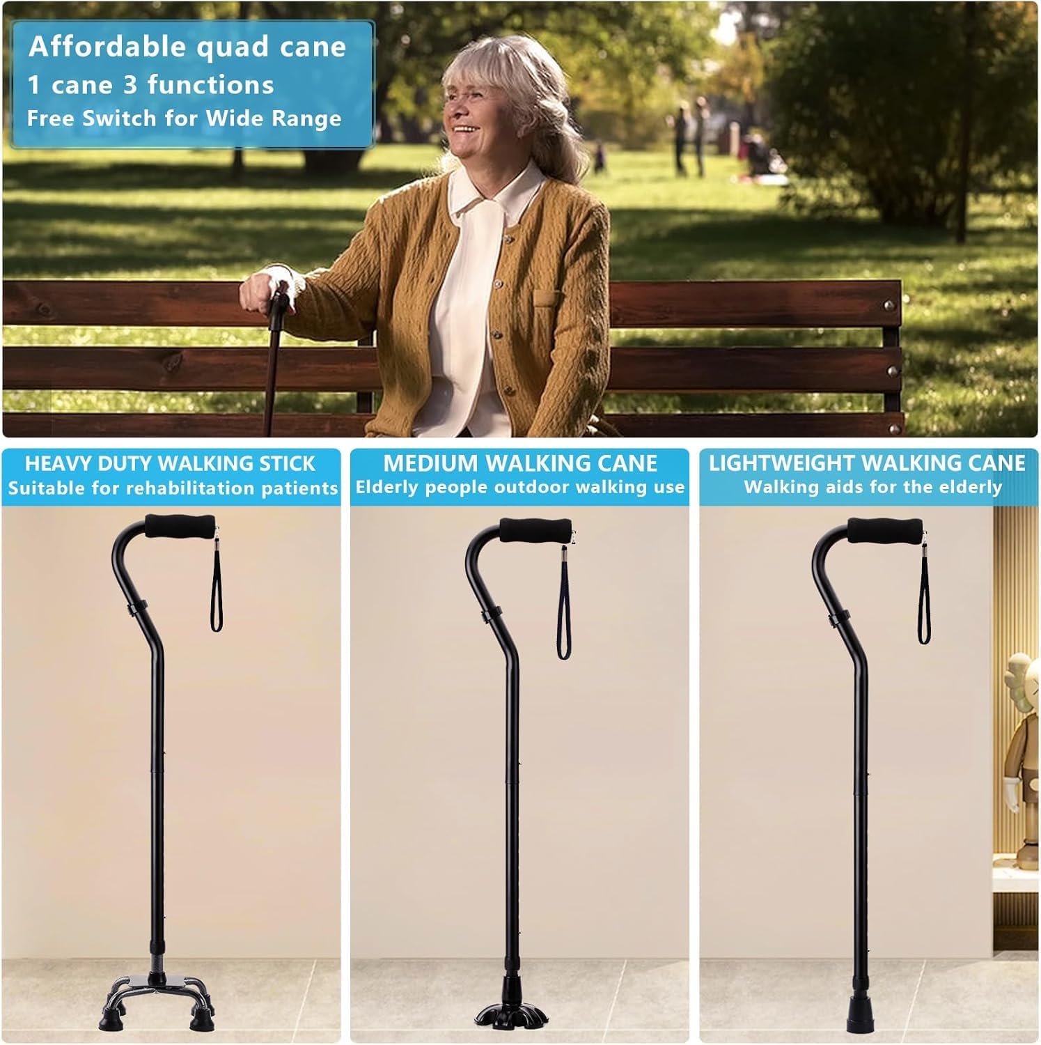 LIXIANG Quad Walking Cane Foldable Adjustable Aluminum Non-Slip Foam Handle

