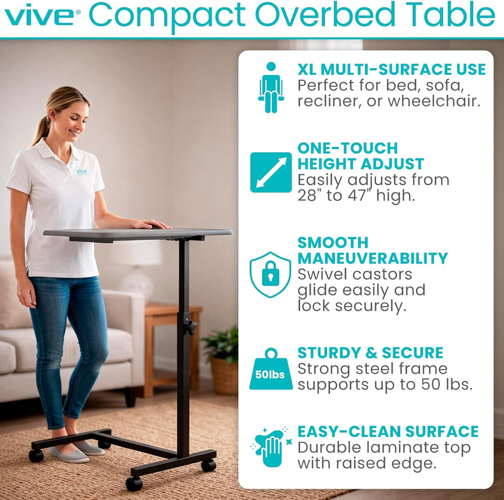 Vive Overbed Hospital Bed Table with Adjustable Height Tilt Tray and Locking Wheels

