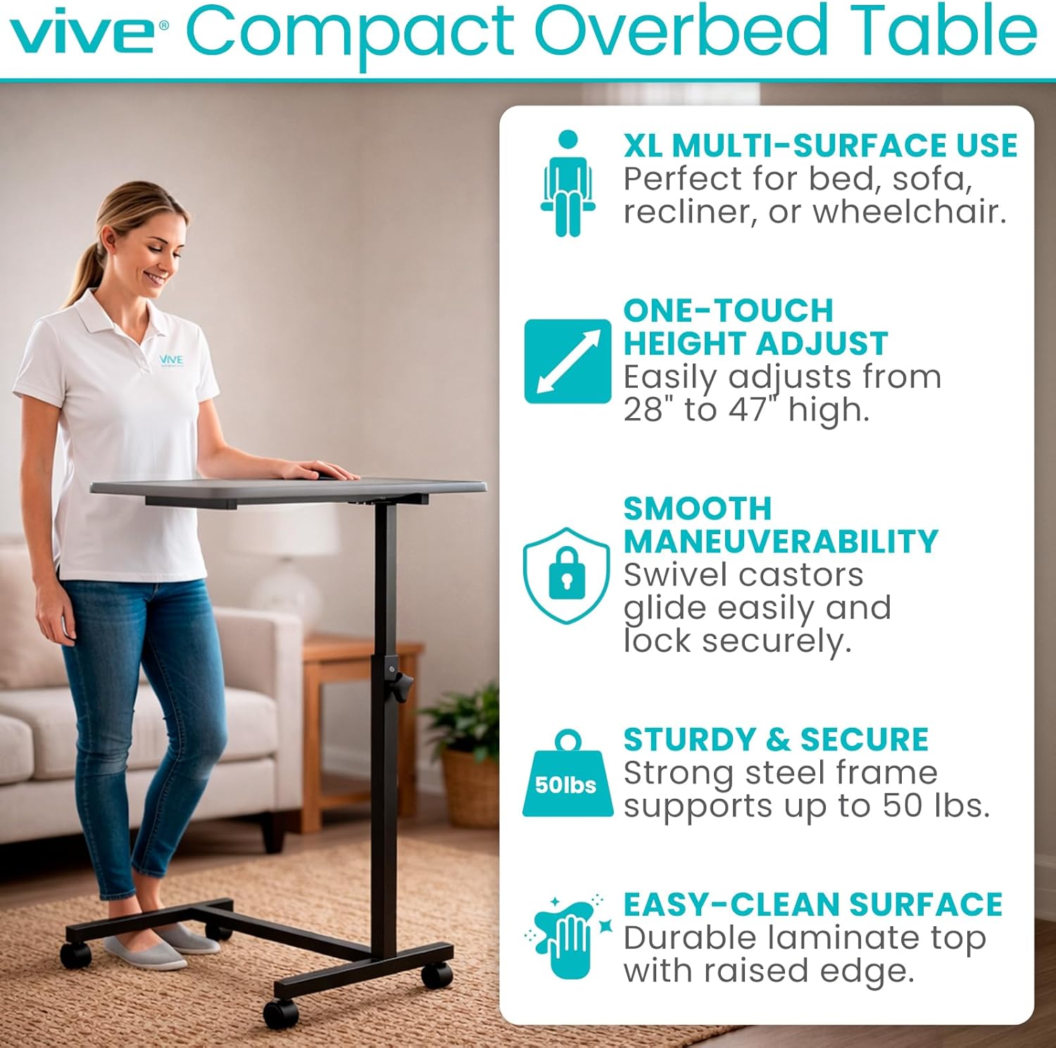 Vive Overbed Hospital Bed Table with Adjustable Height Tilt Tray and Locking Wheels


