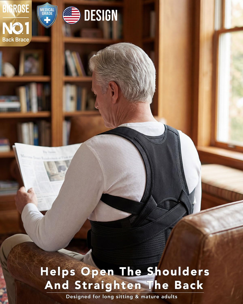 BIGROSE Posture Corrector Brace for Seniors, Dual-Back Support with Shoulder Strap

