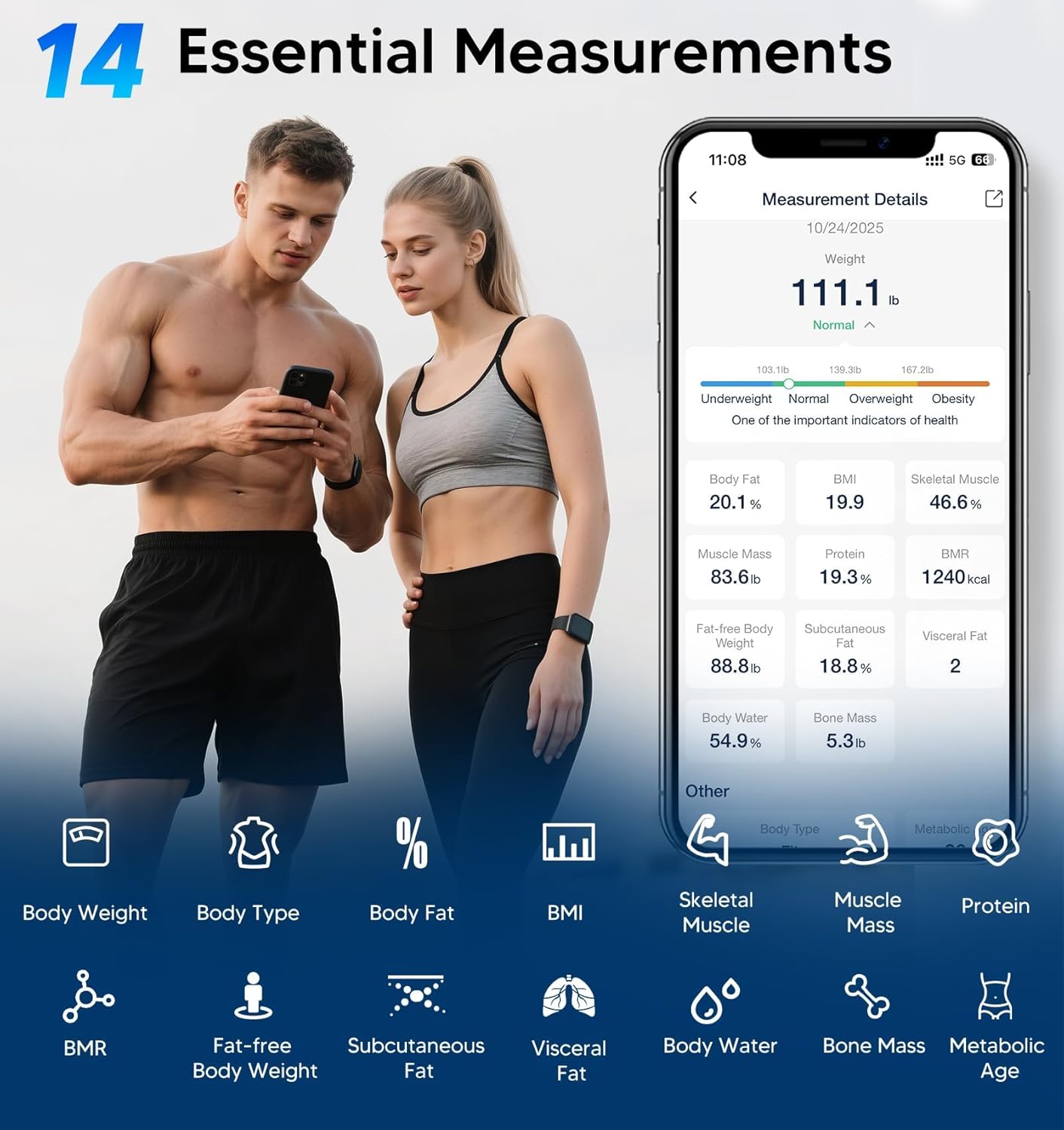 GE Smart Body Fat Scale with Bluetooth App, 14 Metrics, LCD, 400 lb Capacity


