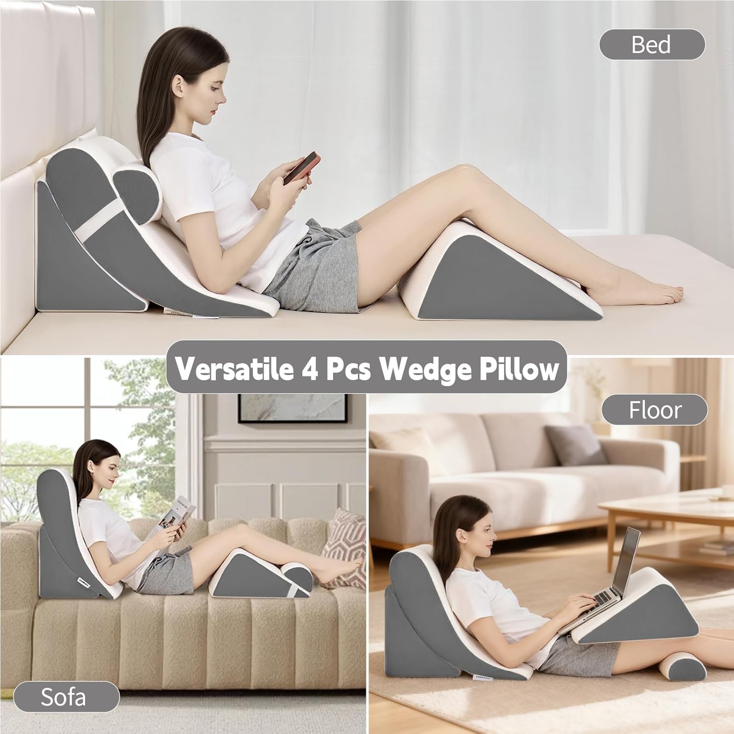 Orthopedic Bed Wedge Pillow Set, Adjustable Support for Back, GERD, Recovery

