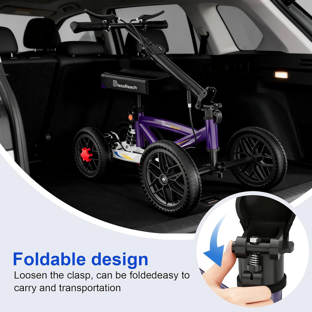 BlessReach All Terrain Foldable Knee Scooter Walker with Disc Brake, Compact Crutch Alternative

