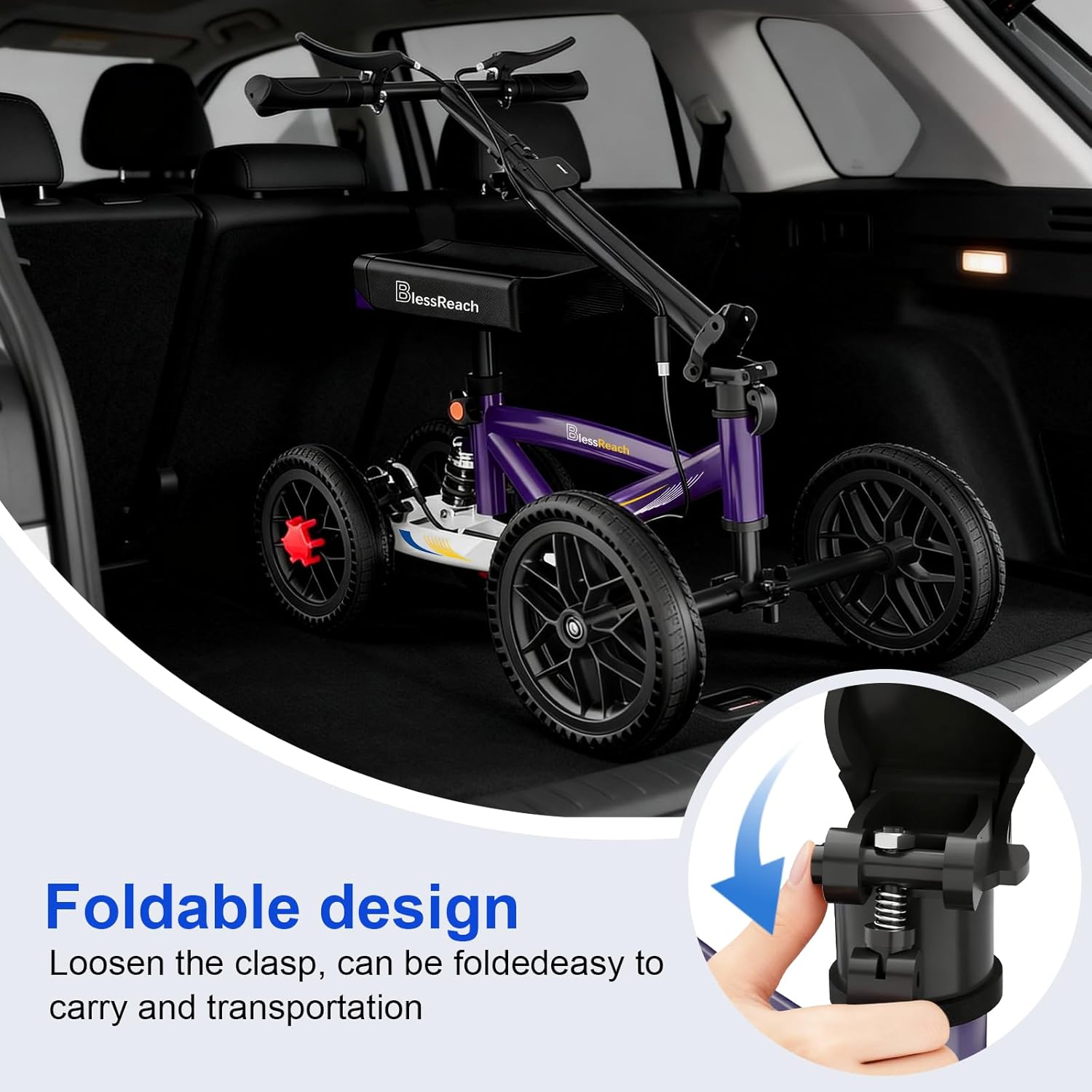 BlessReach All Terrain Foldable Knee Scooter Walker with Disc Brake, Compact Crutch Alternative

