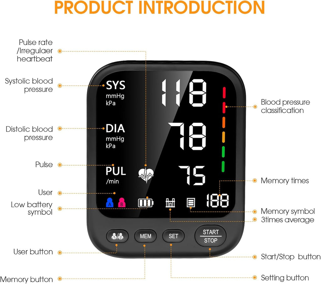 Blood Pressure Monitor Automatic Upper Arm, Large Backlit LCD, Adjustable Cuff

