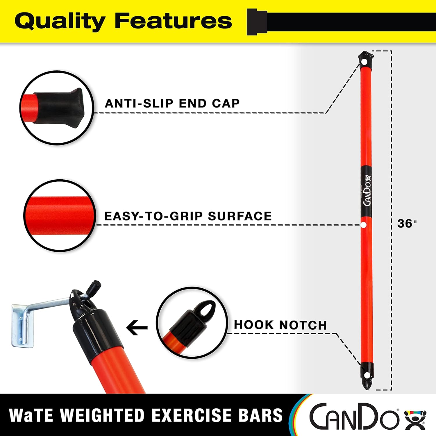 CanDo Slim WaTE Bar Weighted Exercise Bar for Strength Training, Toning, and PT

