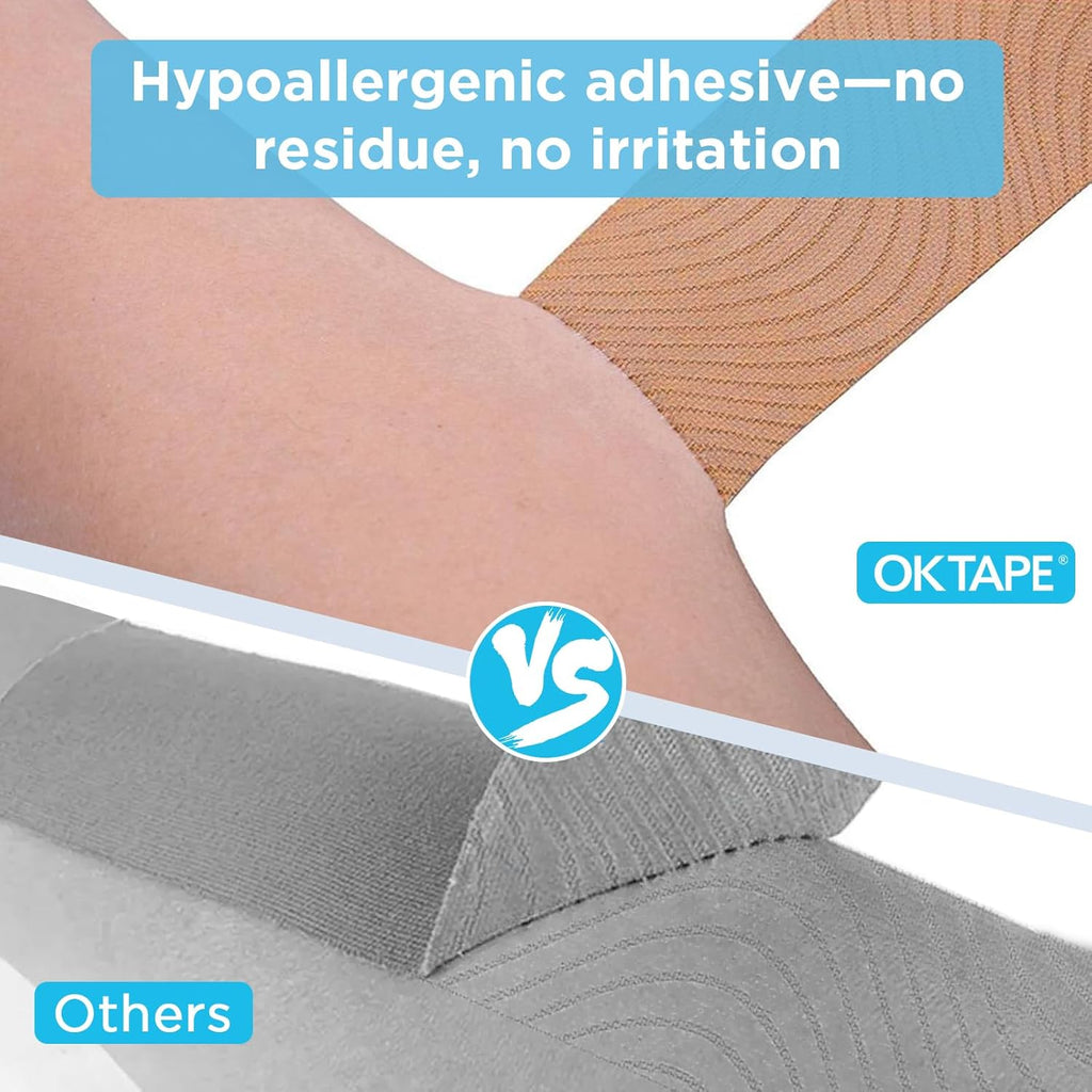 OK Tape Kinesiology Tape Pre-Cut Strips Bulk, Latex-Free Elastic Cotton, 2 in x 10 in

