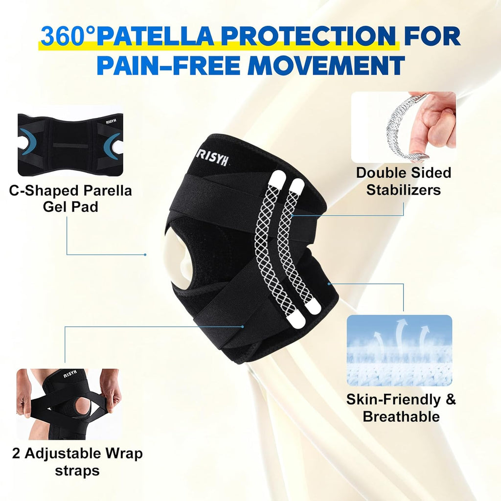 Risyh Adjustable Knee Brace with Cross Strap, Open Patella Gel Pad & Side Stabilizers

