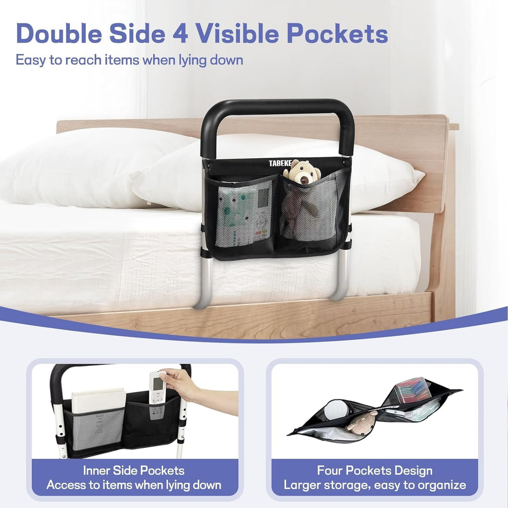 TABEKE Adjustable Bed Rail for Elderly Safety with Non-Slip Handle and Storage Pockets

