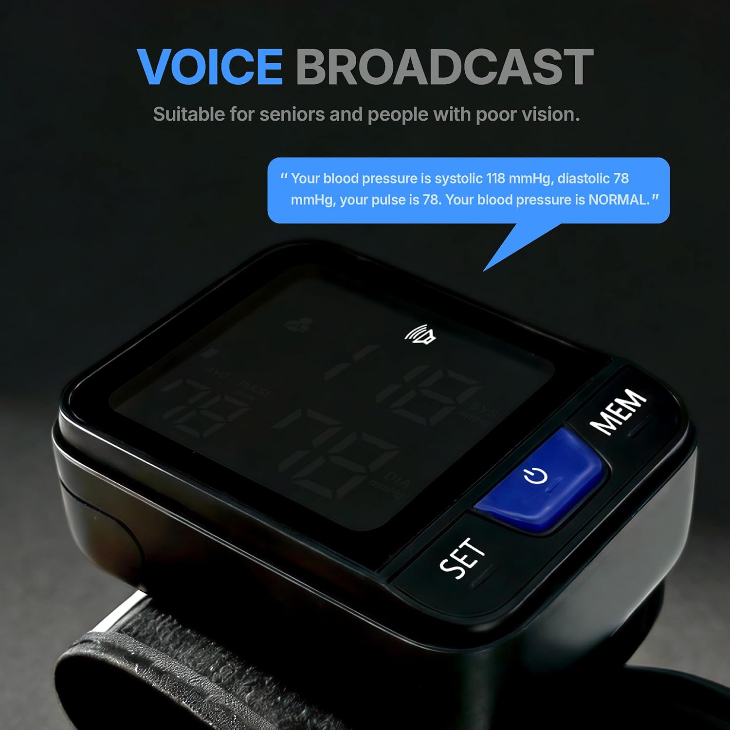 Wrist Blood Pressure Monitor with Large Backlit Display, Voice Guidance, 2-User Memory

