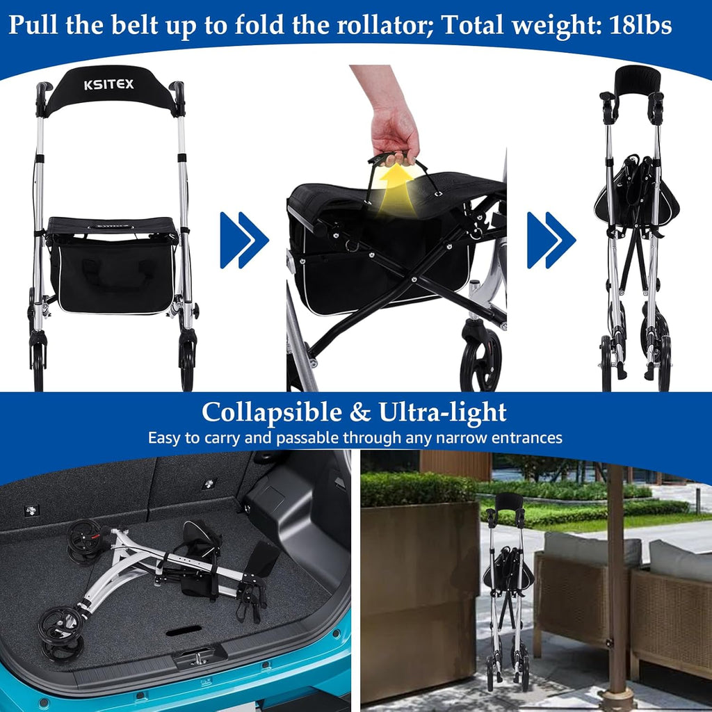 Rollator Walker for Seniors with Seat Backrest, Folding Aluminum, Brakes, 8" Wheels

