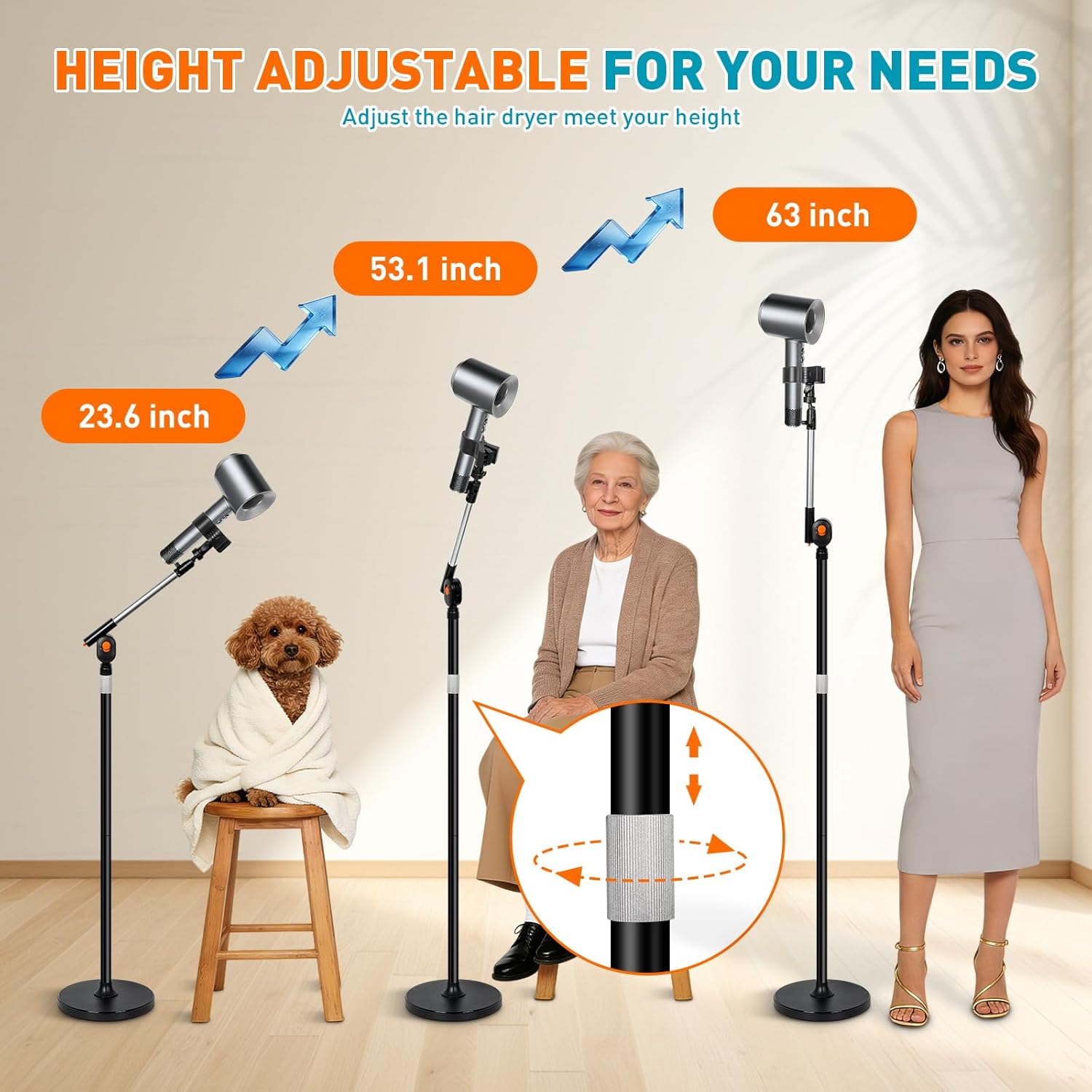 Hands Free Hair Dryer Stand with Rotary Lock, 360° Swivel & Adjustable Height Base


