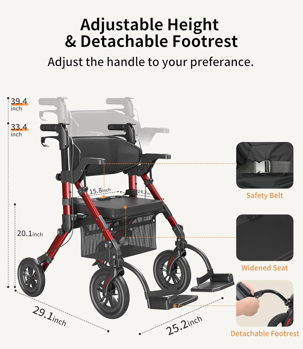 VOCIC 2-in-1 Rollator Walker Transport Chair with Seat, Foldable Brakes

