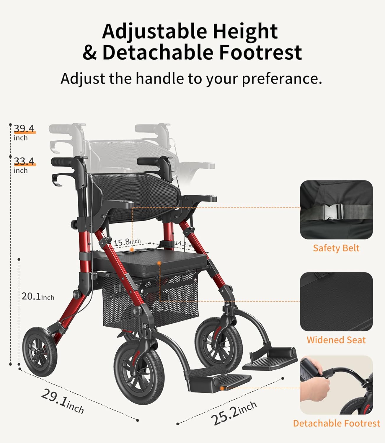 VOCIC 2-in-1 Rollator Walker Transport Chair with Seat, Foldable Brakes

