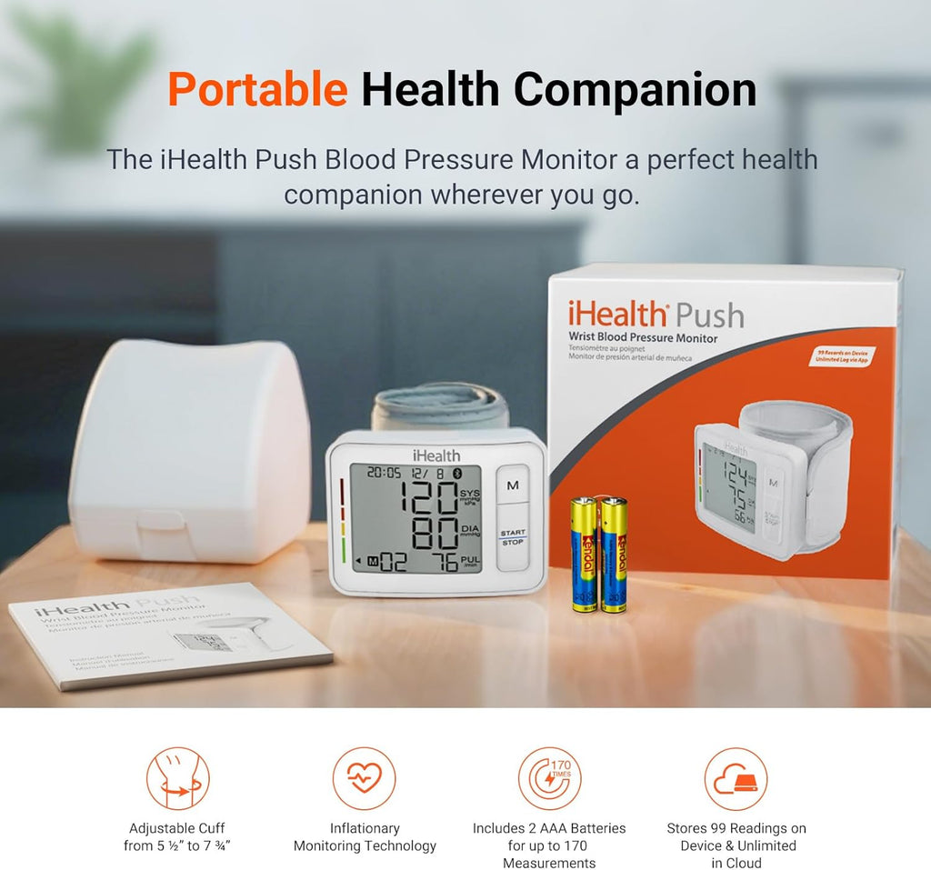 iHealth Push Wrist Blood Pressure Monitor with Bluetooth, App, Large Display & Case

