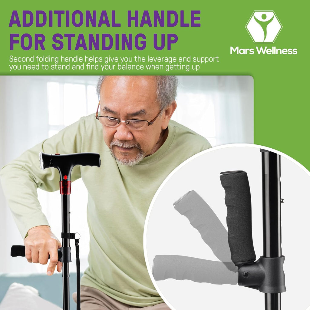 Smart Walking Cane with LED Light, Foldable Tripod Cane with Flashlight & Alarm

