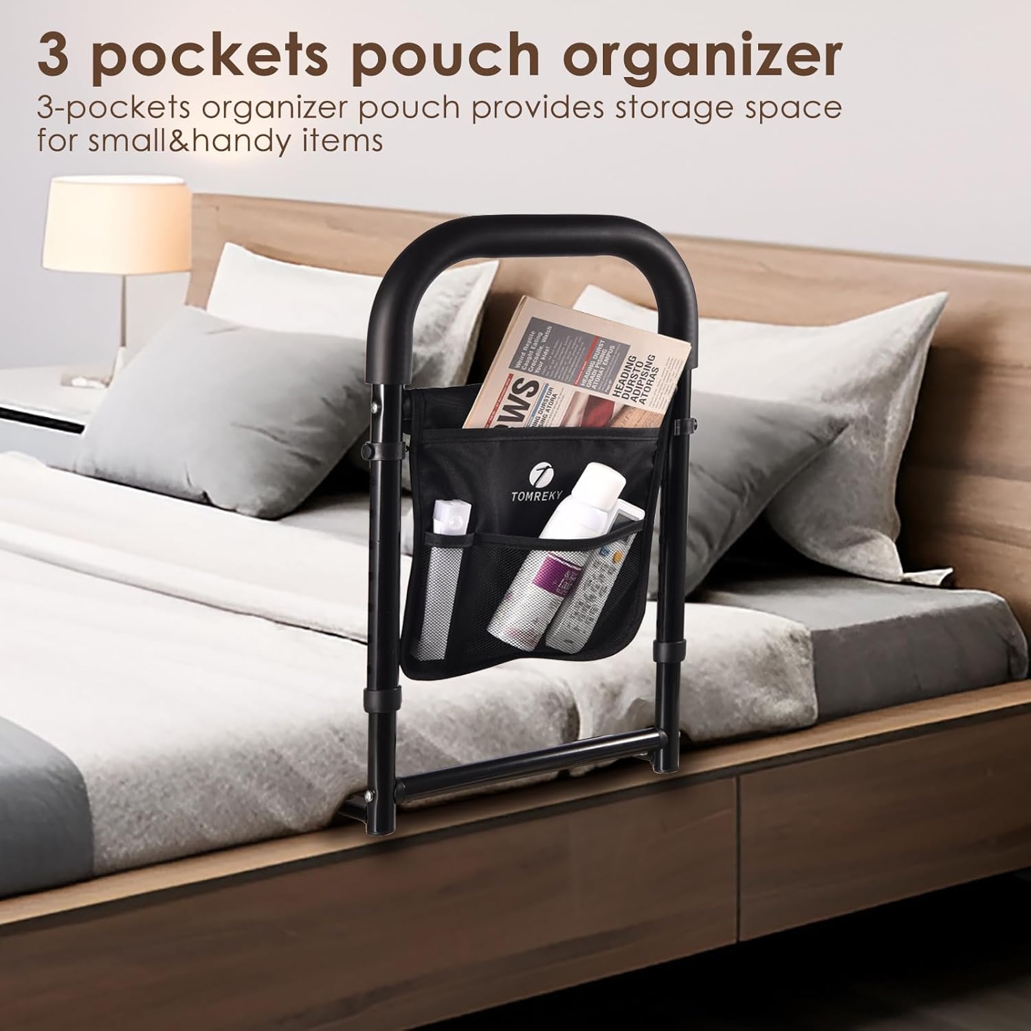 Adjustable Bed Rail for Seniors with Motion Light, Padded Grab, Storage Pockets


