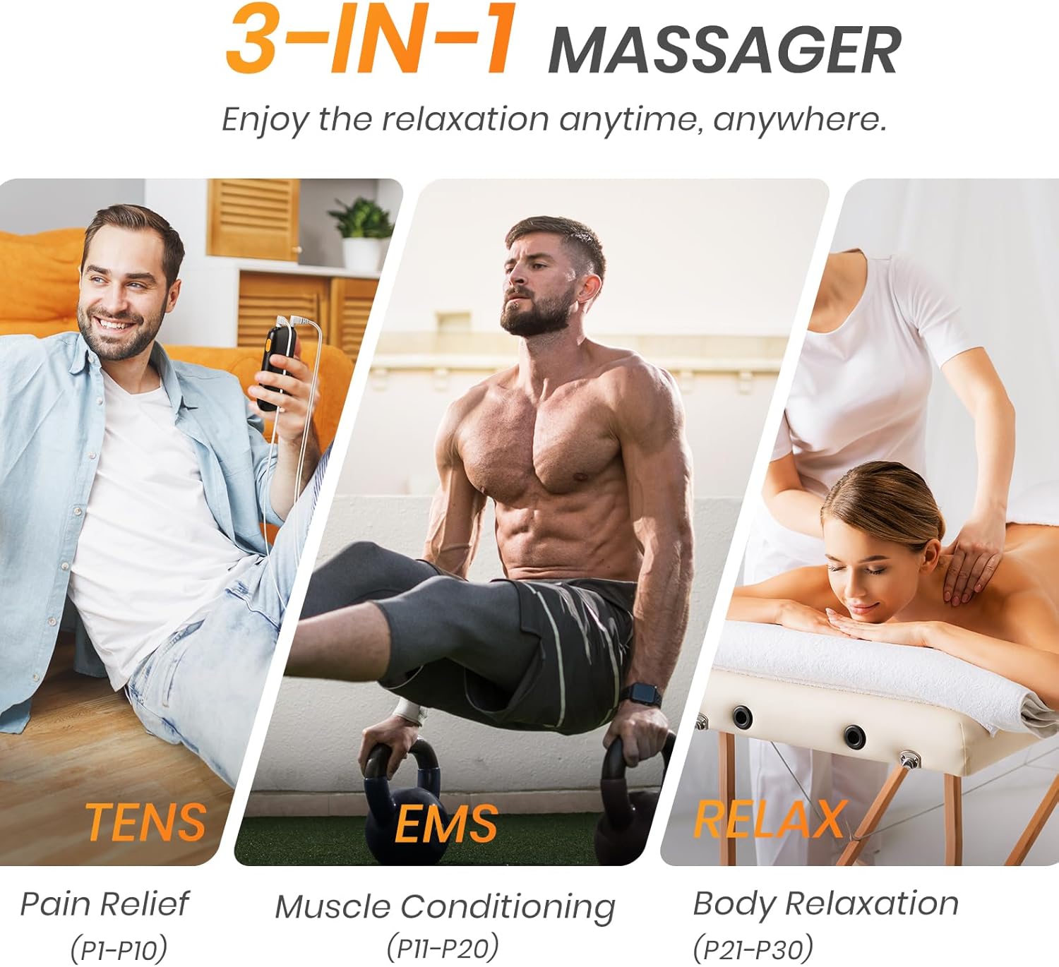 AVCOO 3-in-1 TENS EMS Relax Muscle Stimulator Unit with Rechargeable Pads

