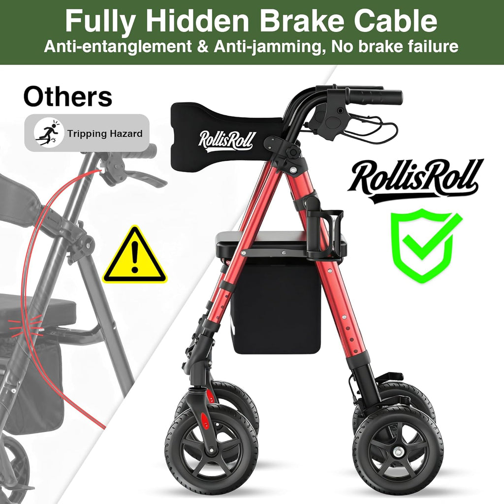 Walkers for Seniors Taller Foldable Rollator Walker Reinforced Aluminum Frame 8" Wheels

