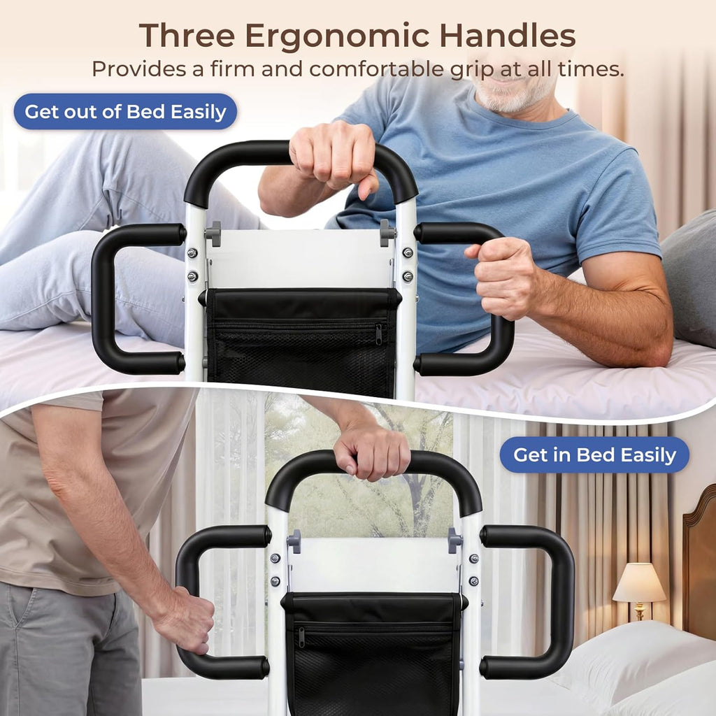 Height Adjustable Bed Rail for Elderly with Non-Slip Grip, Assist Bar and Table

