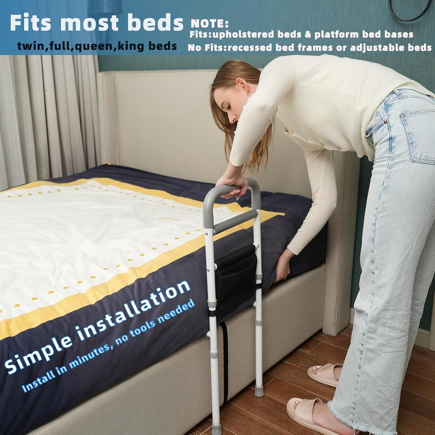 Bed Rails for Elderly Safety Adjustable Bed Assist Rail with Support Leg

