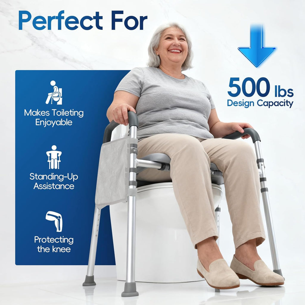 Raised Toilet Seat with Handles, Adjustable Height, 500 lb Commode Chair

