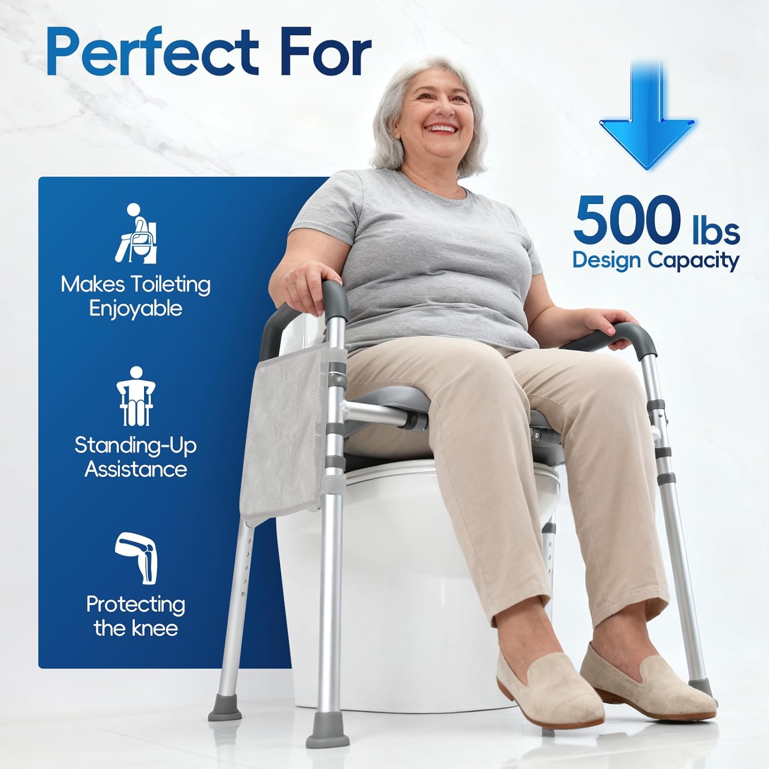 Raised Toilet Seat with Handles, Adjustable Height, 500 lb Commode Chair

