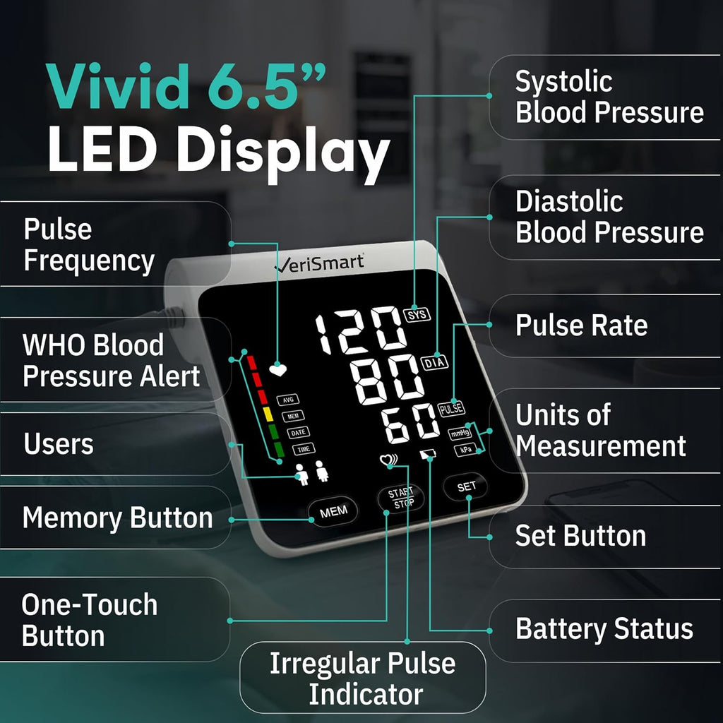 VeriSmart Health Smart Upper Arm Blood Pressure Monitor with Bluetooth, LED Display

