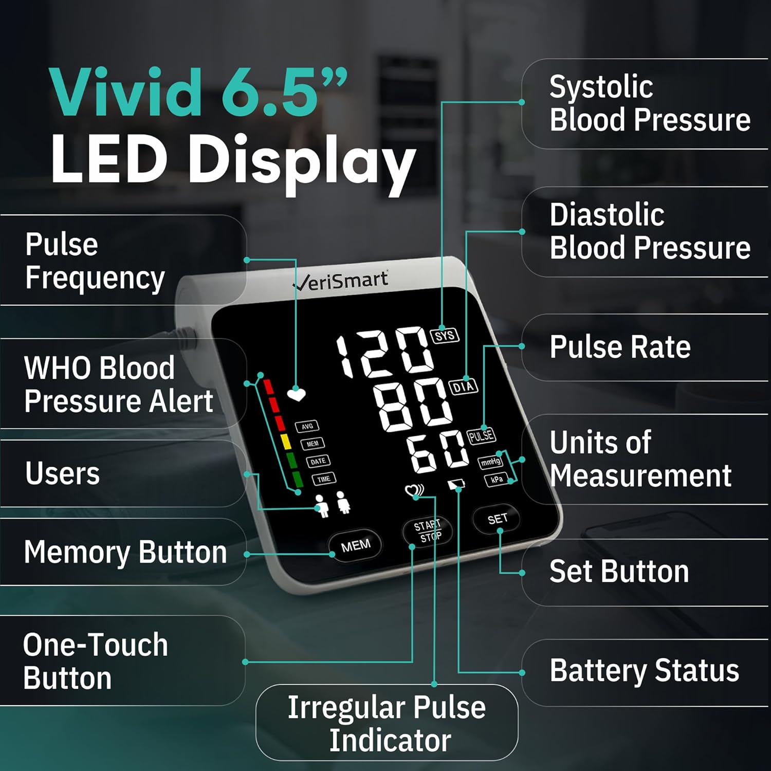 VeriSmart Health Smart Upper Arm Blood Pressure Monitor with Bluetooth, LED Display

