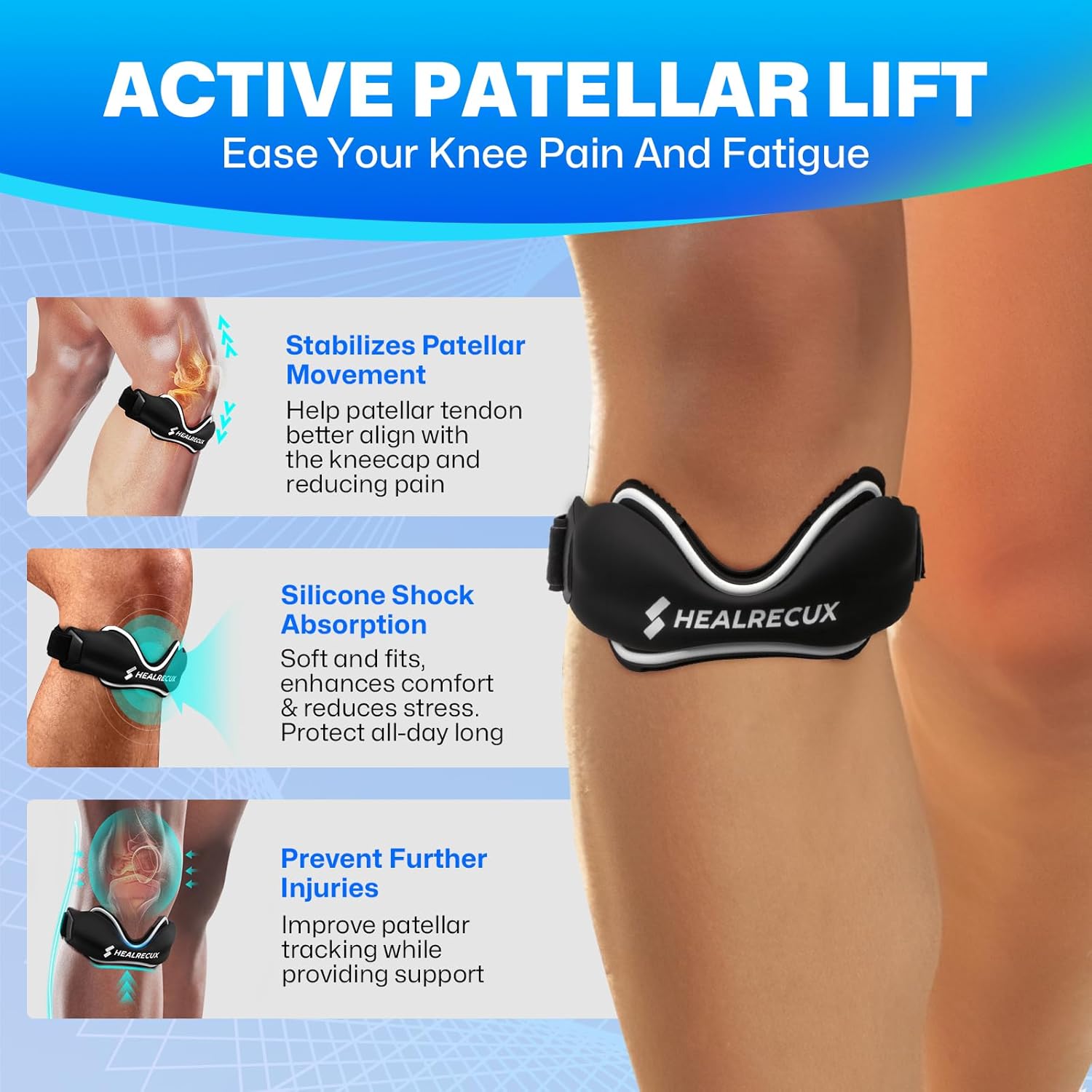 Healrecux Patellar Tendon Support Strap Silicone Non-Slip Patella Knee Band

